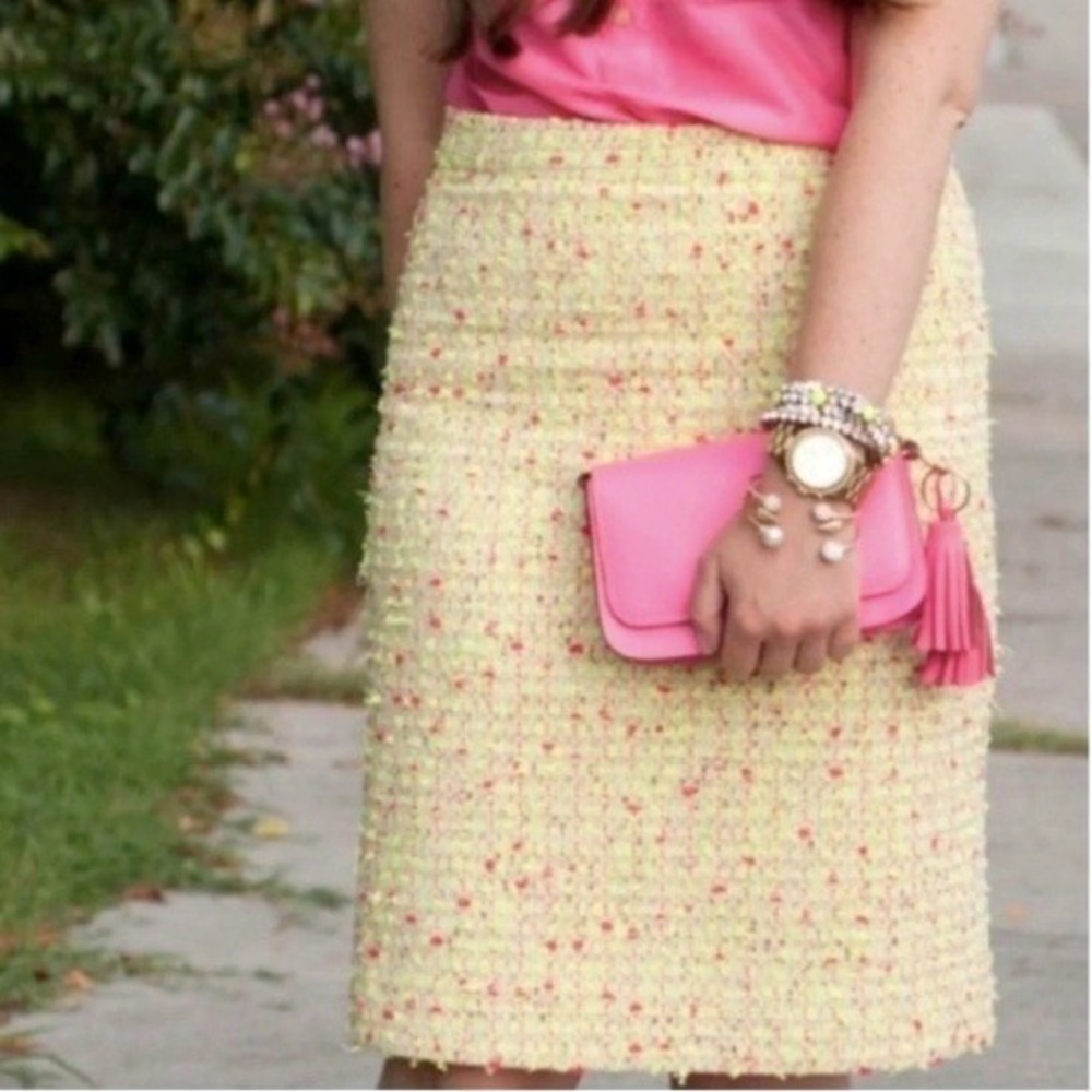 J.Crew No. 2 Pencil Skirt Size 12 Neon Yellow Pink Tweed Style Knee‎ Length